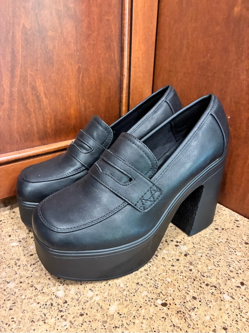 Call It Spring Black Vegan Platform Penny Loafer Heels Chunky Block Heel